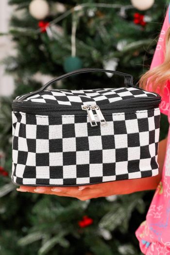 Makeup Shop | Black Checkered Zipper Large Cosmetic Bag With Handle