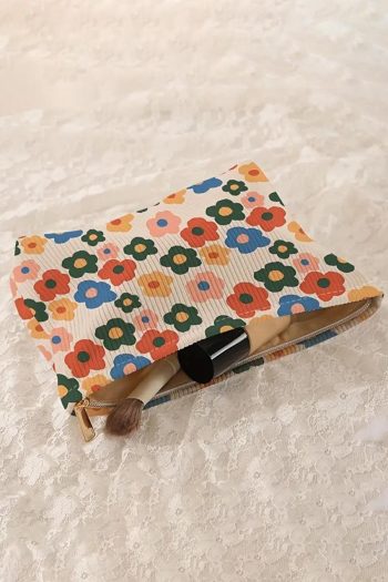 Makeup Shop | Red Colorful Flower Printed Rib Textured Cosmetic Bag